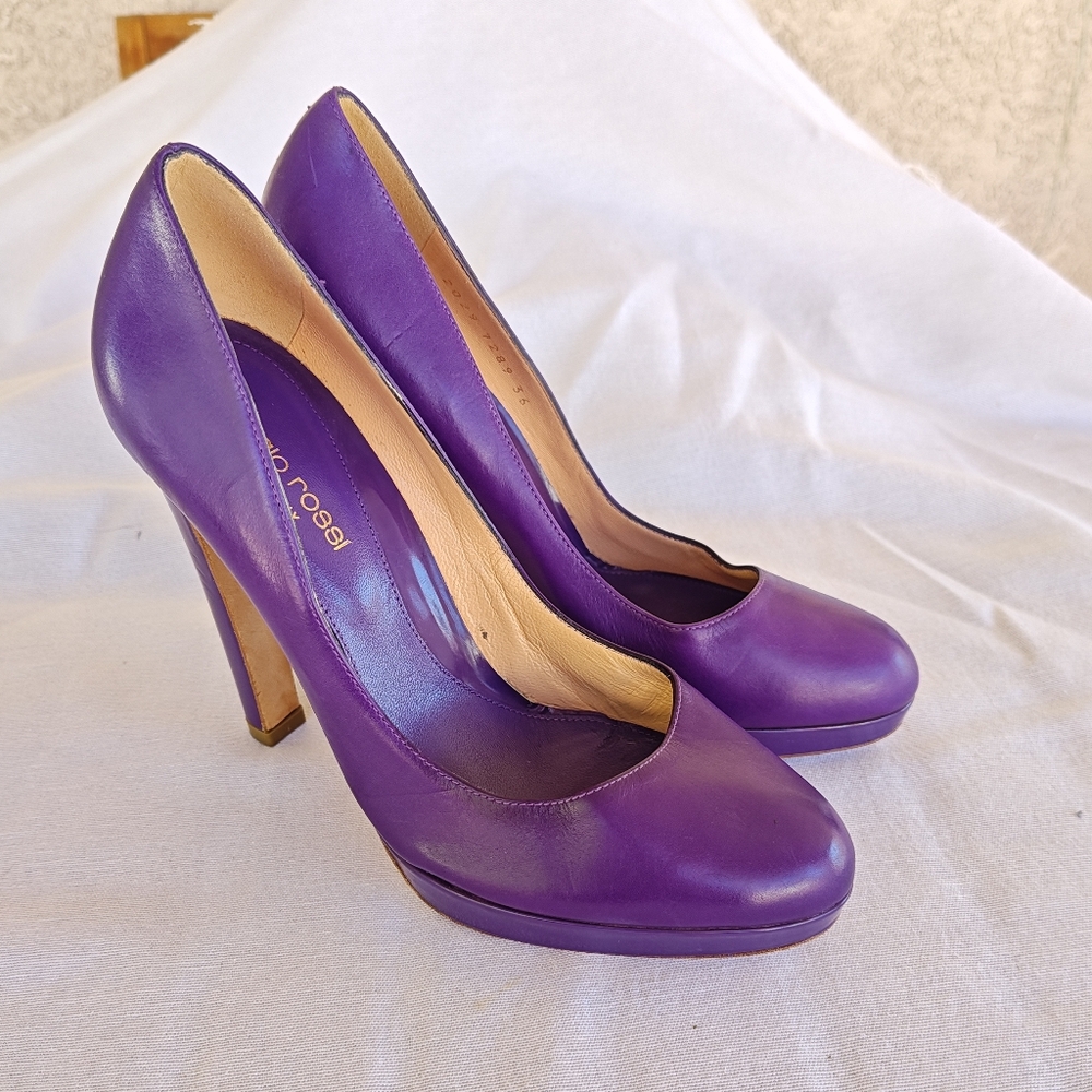 Sergio Rossi Purple High Heel Pumps Covered Platform Leather Court Shoes 36